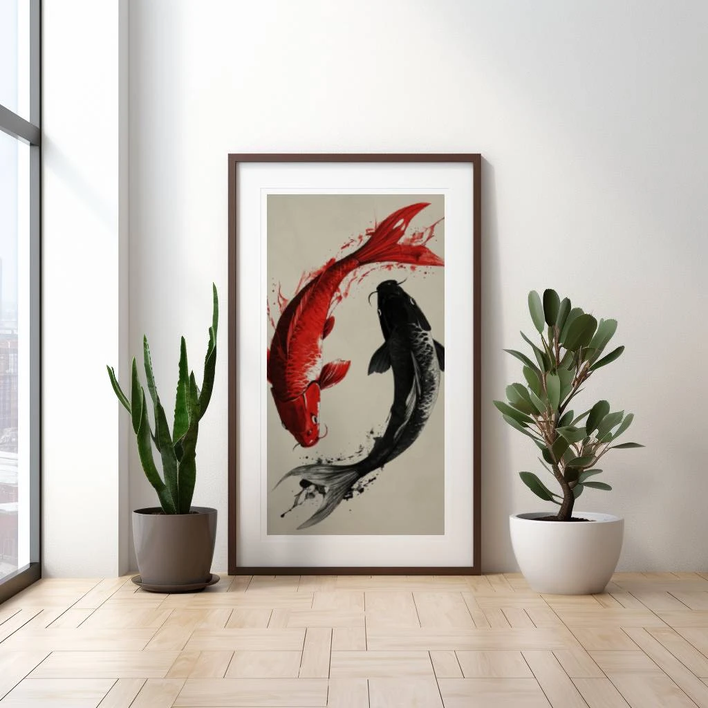 Rood en zwarte karpers in de vorm van yin en yang poster