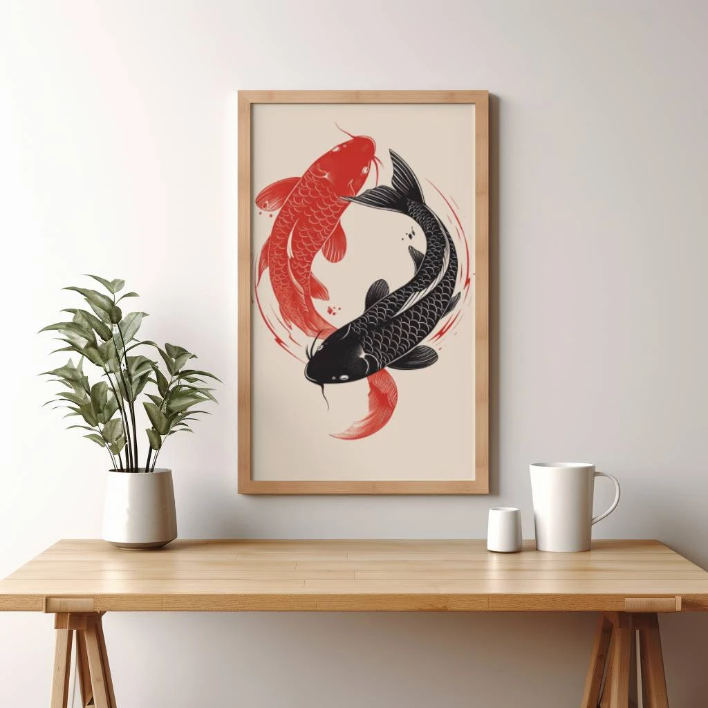 Rood en zwarte karpers in de vorm van yin en yang poster