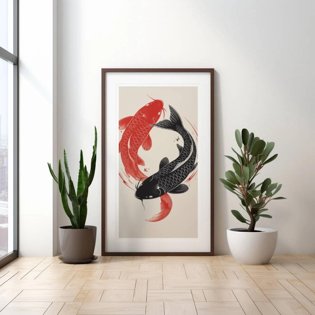 Rood en zwarte karpers in de vorm van yin en yang poster