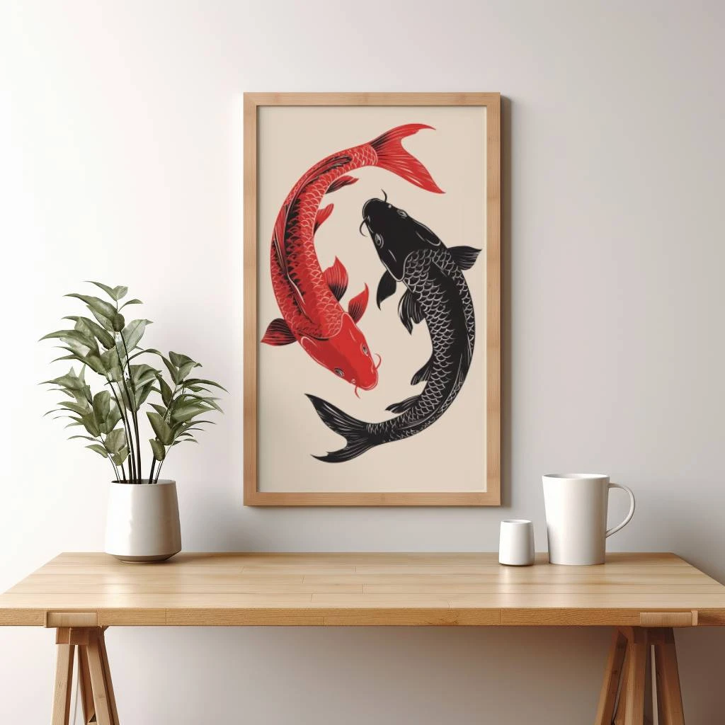 Rood en zwarte karpers in de vorm van yin en yang poster