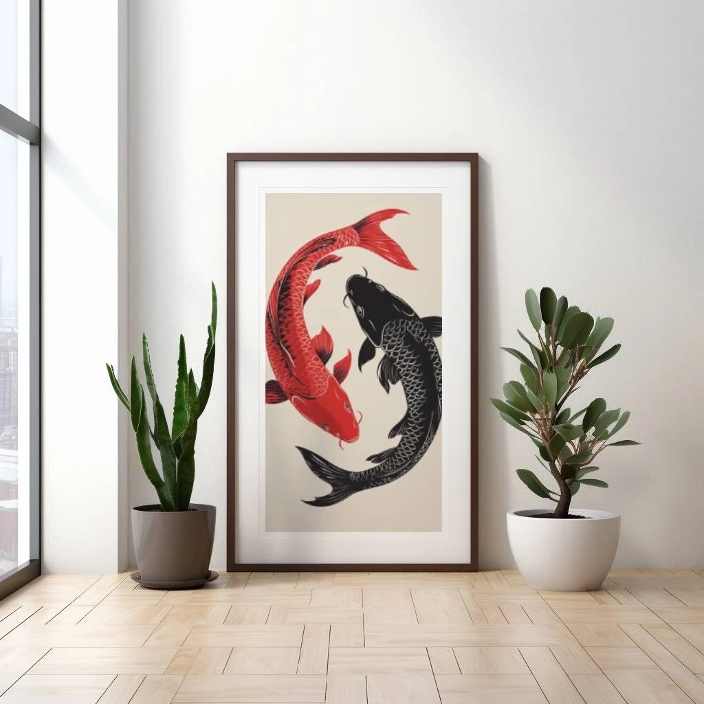 Rood en zwarte karpers in de vorm van yin en yang poster