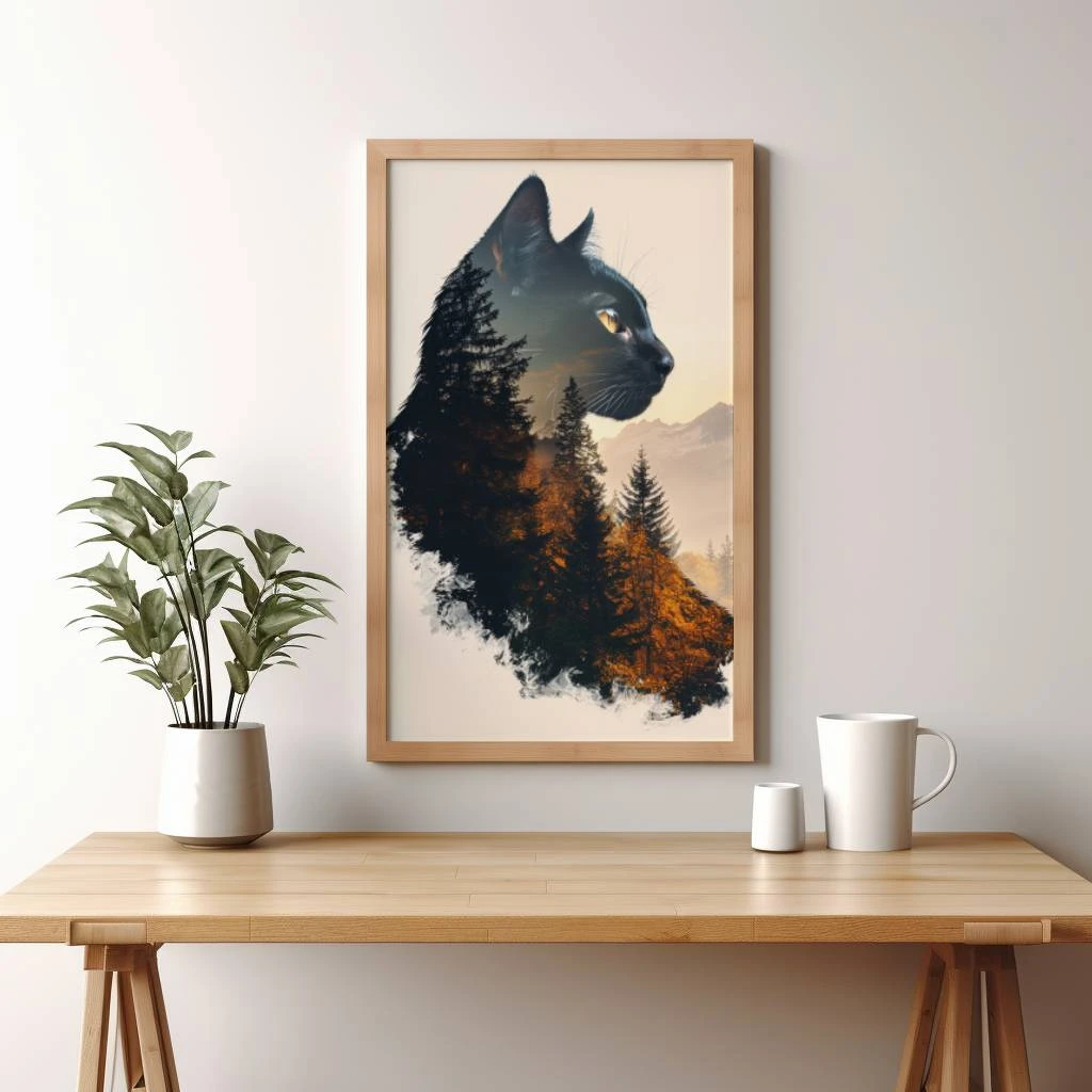 Zwarte kat double exposure van een prachtig bergen in de herfst poster