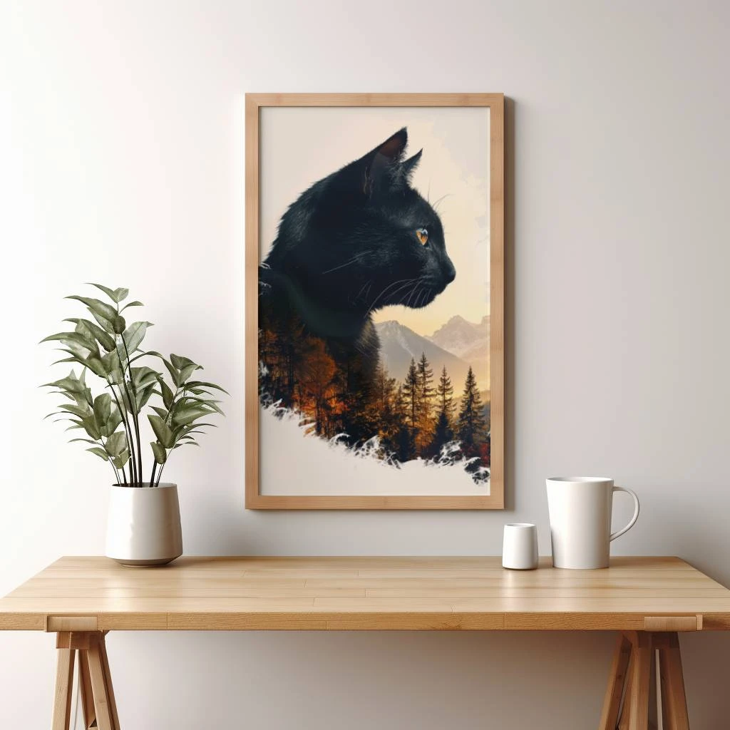 Zwarte kat double exposure van een prachtig bergen in de herfst poster