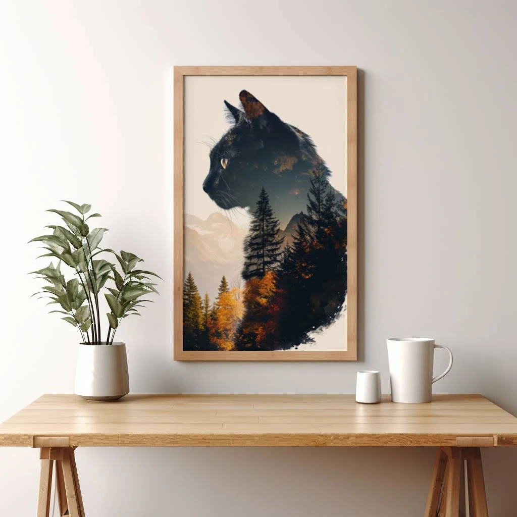 Zwarte kat double exposure van een prachtig bergen in de herfst poster