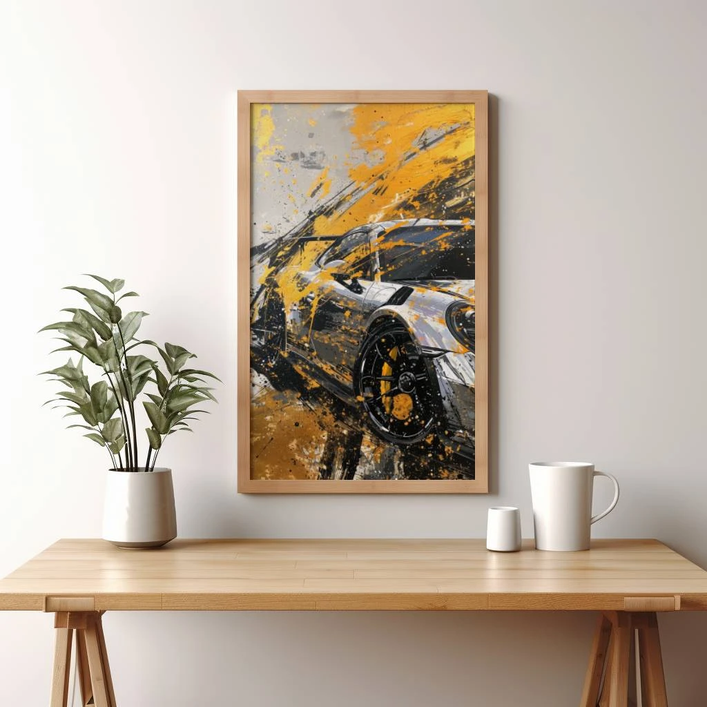 Zilvere auto met goud en zwart poster