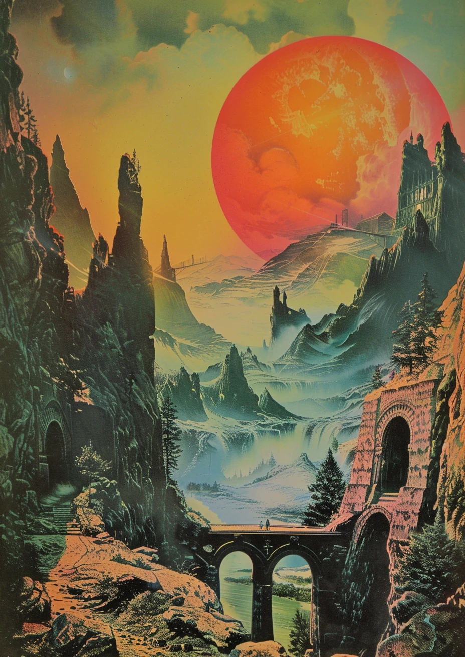 Futuristische fantasie poster in de stijl van Roger Dean poster