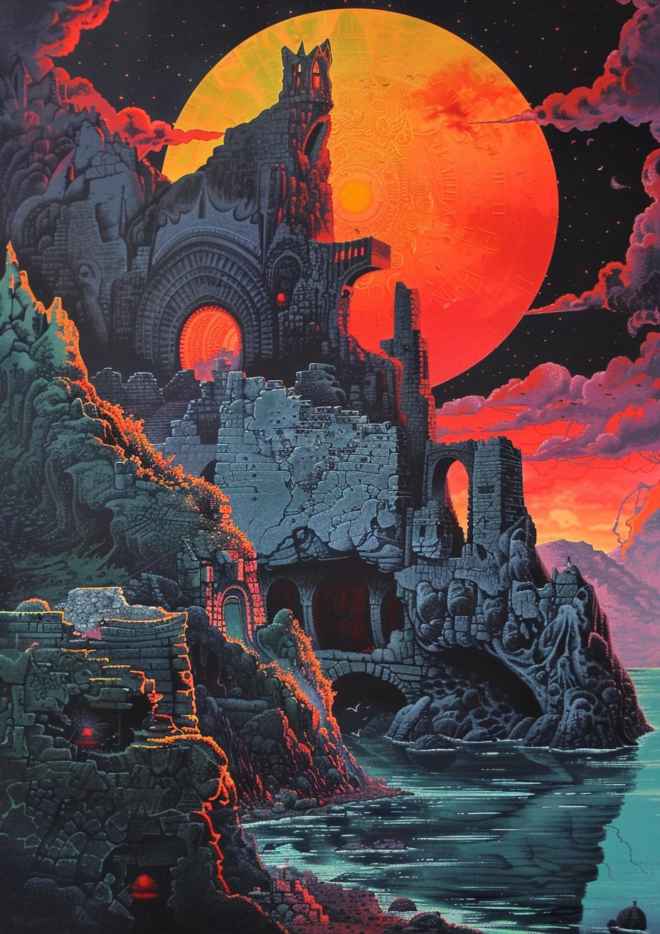 Futuristische fantasie poster in de stijl van Roger Dean poster