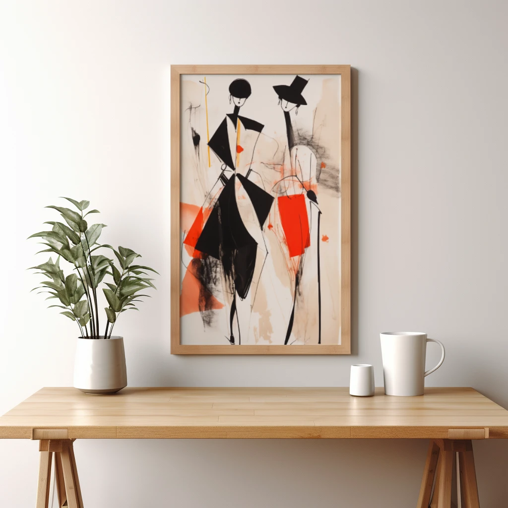 Zwart wit rood abstracte figuren met hoeden poster