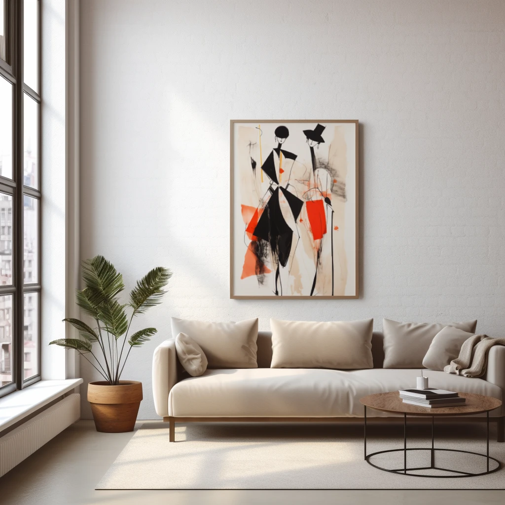 Zwart wit rood abstracte figuren met hoeden poster