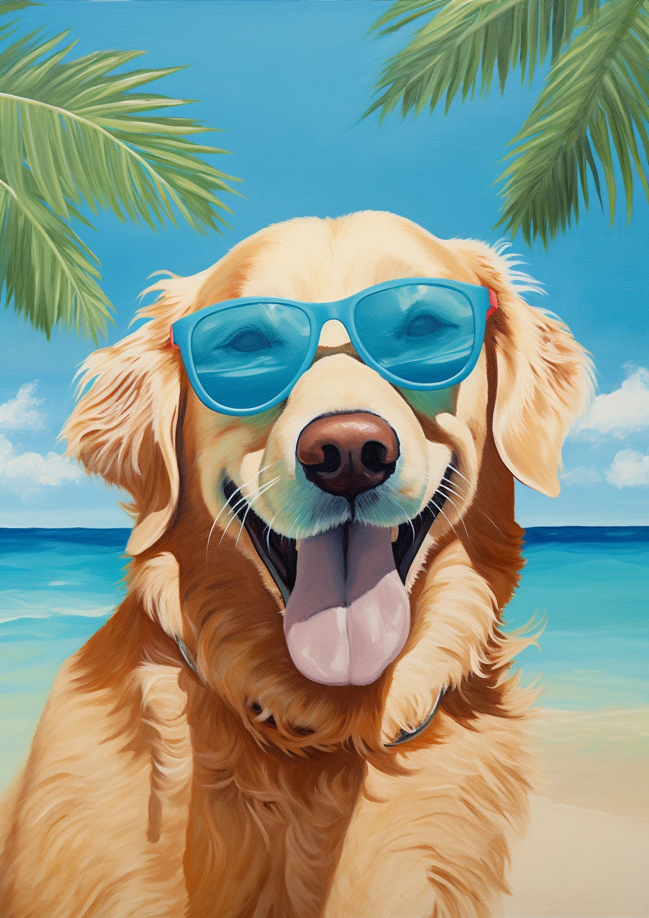 Golden retriever op vakantie op een tropisch eiland poster