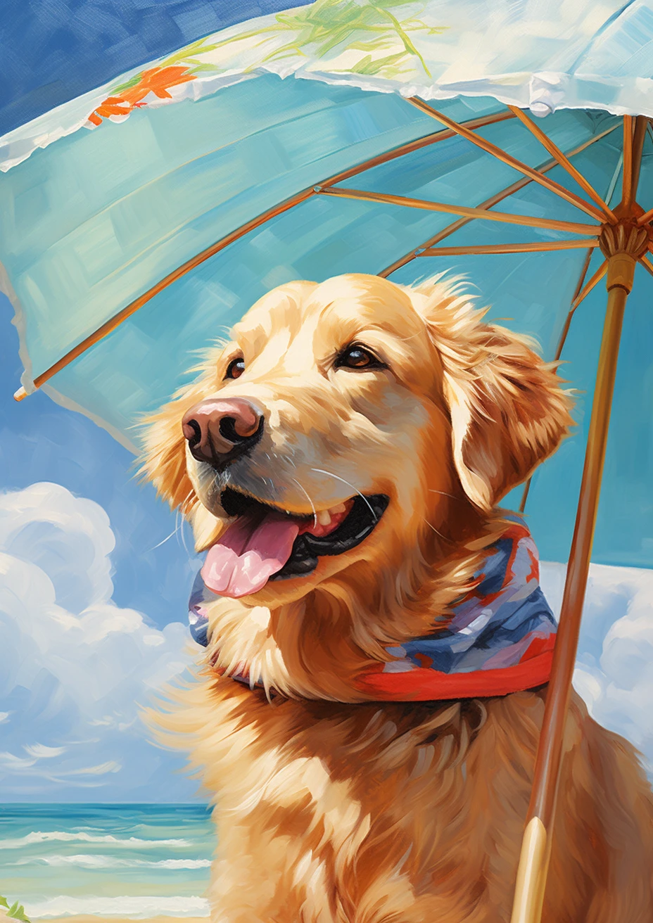 Relaxte golden retriever op vakantie op een tropisch eiland poster