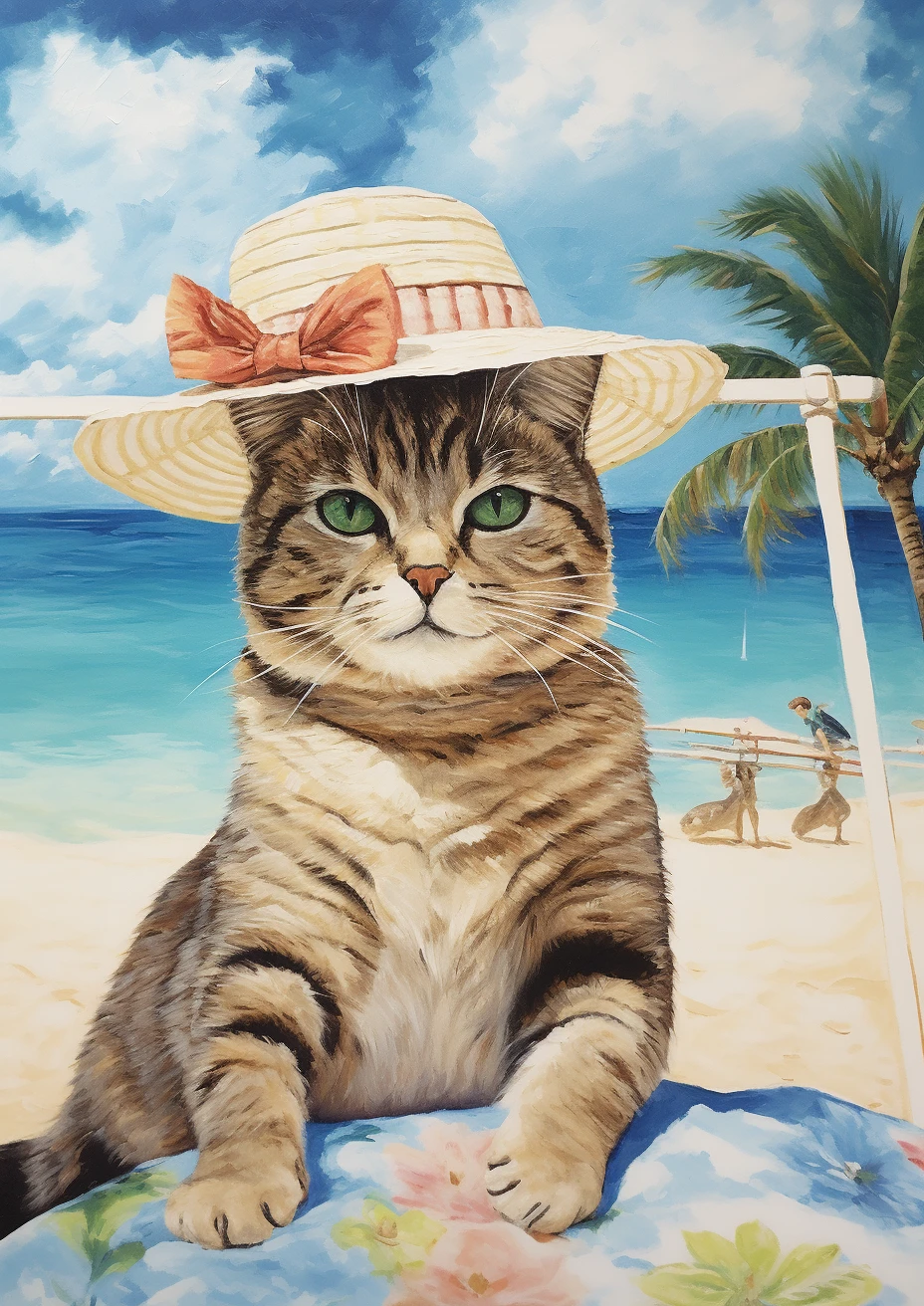 Relaxte kat op vakantie op een tropisch eiland poster