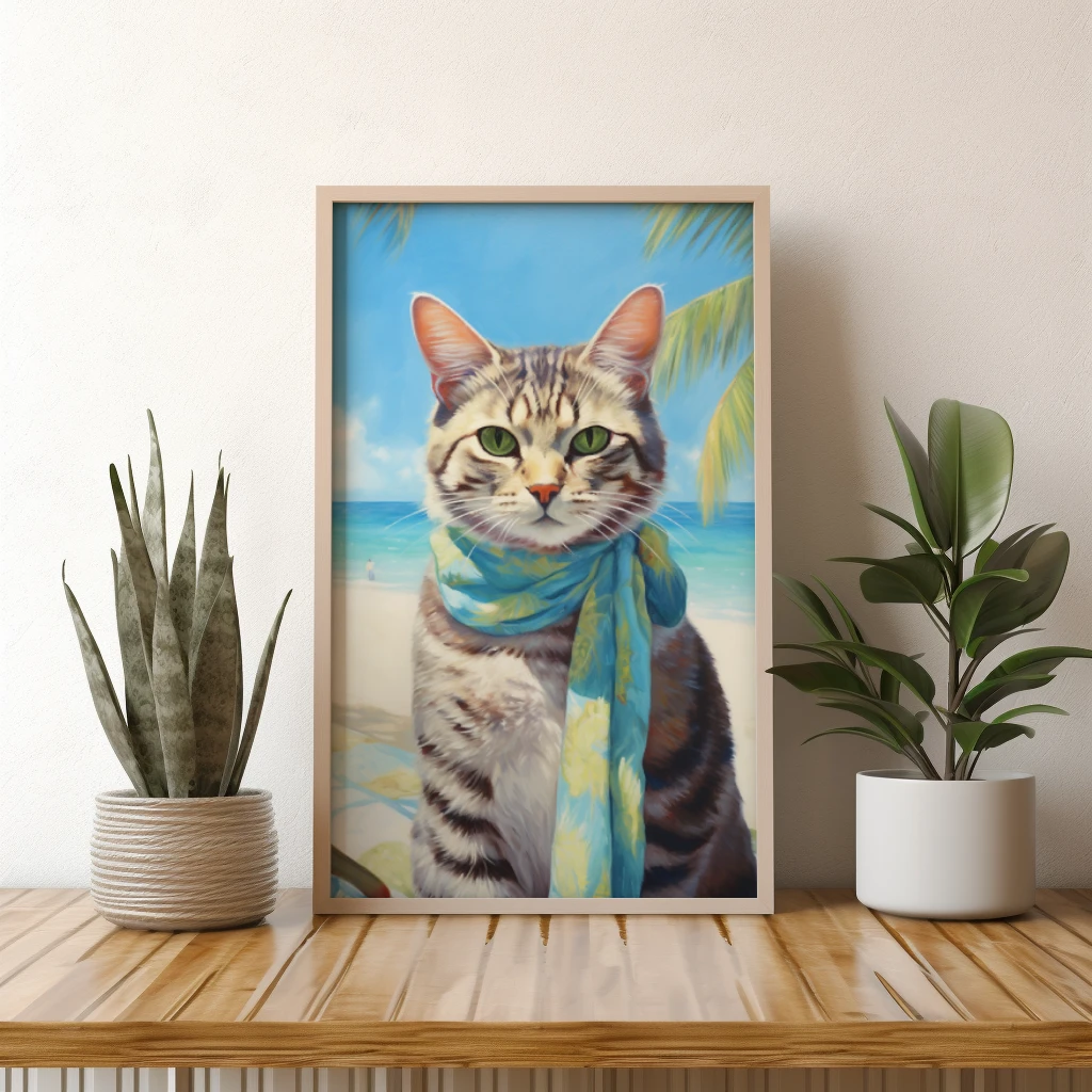 Modieuze kat op vakantie op een tropisch eiland poster