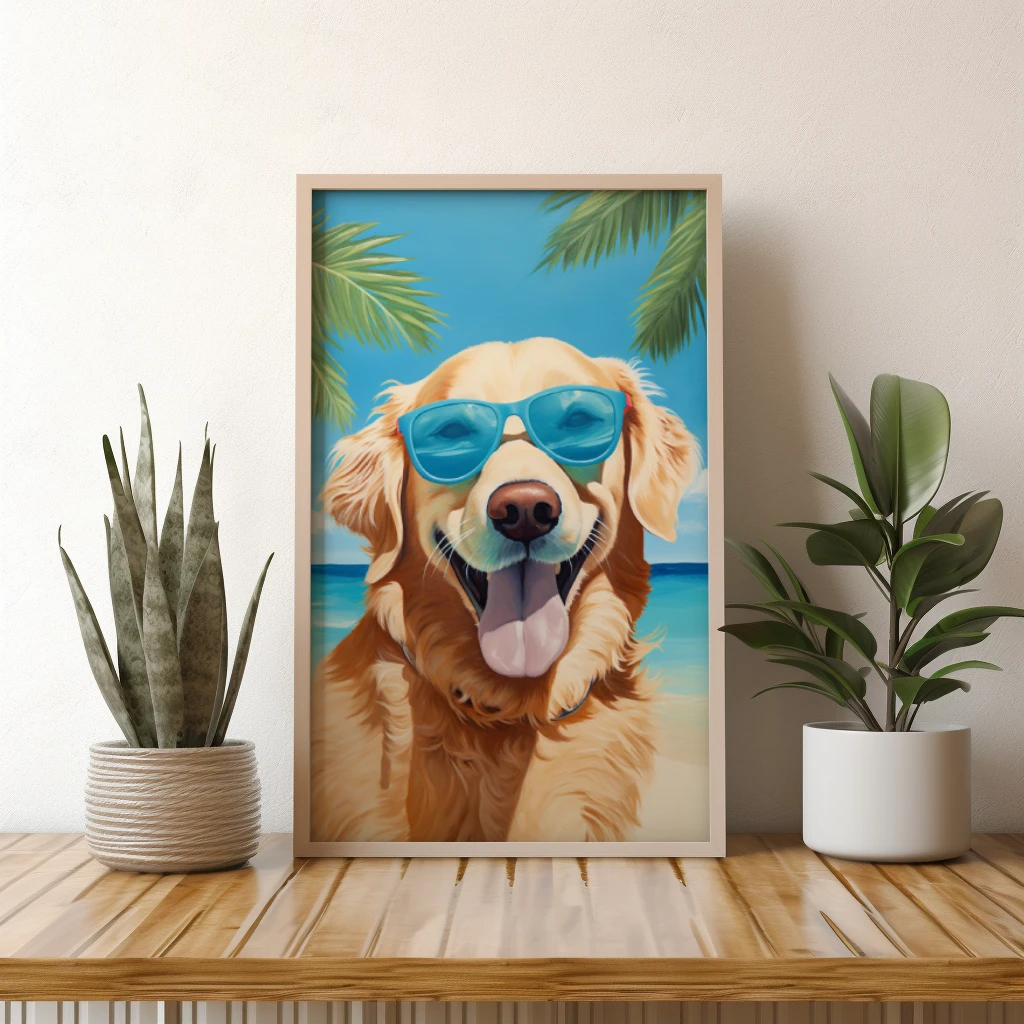 Golden retriever op vakantie op een tropisch eiland poster