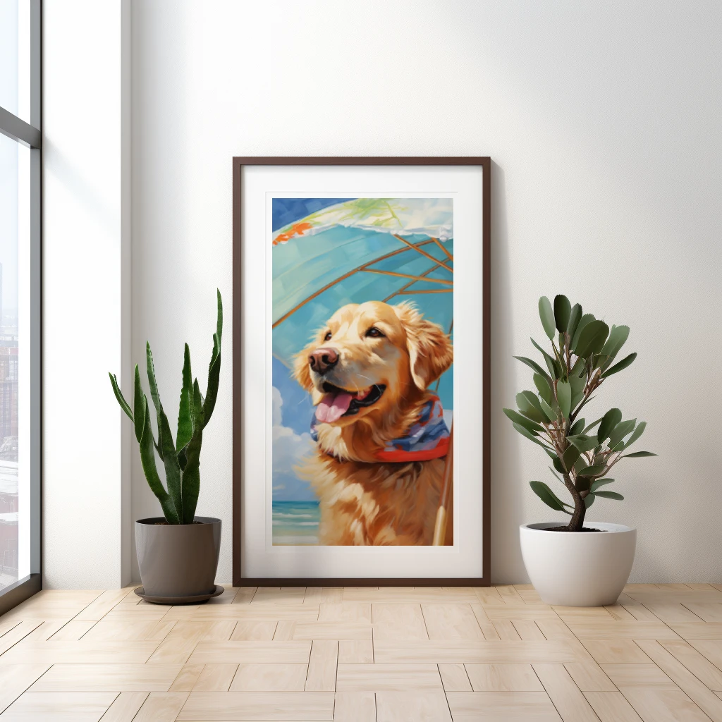 Relaxte golden retriever op vakantie op een tropisch eiland poster