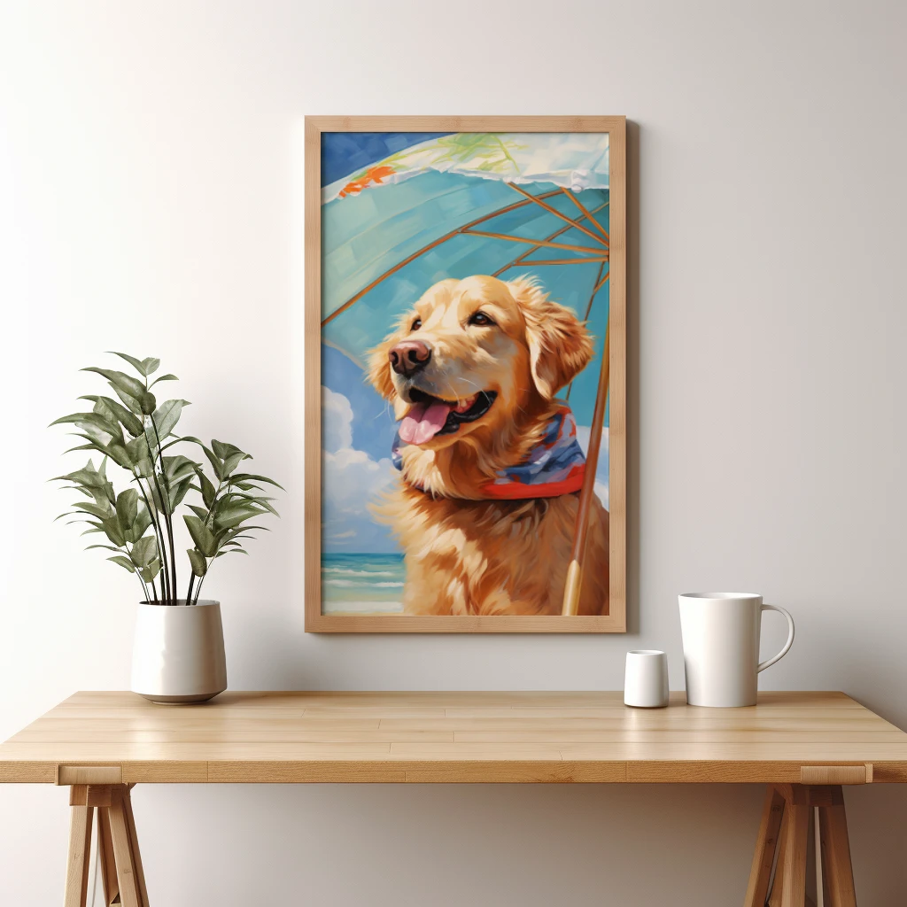 Relaxte golden retriever op vakantie op een tropisch eiland poster