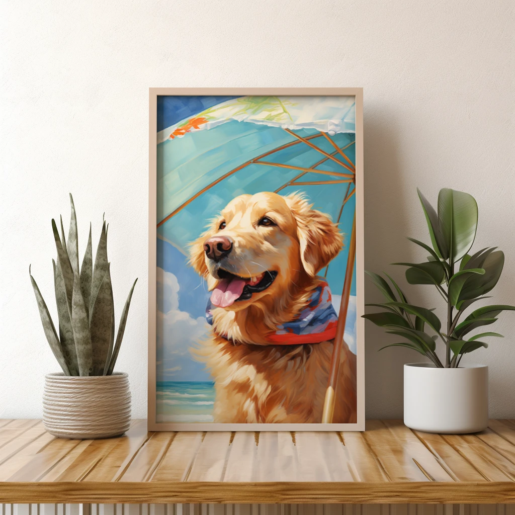 Relaxte golden retriever op vakantie op een tropisch eiland poster