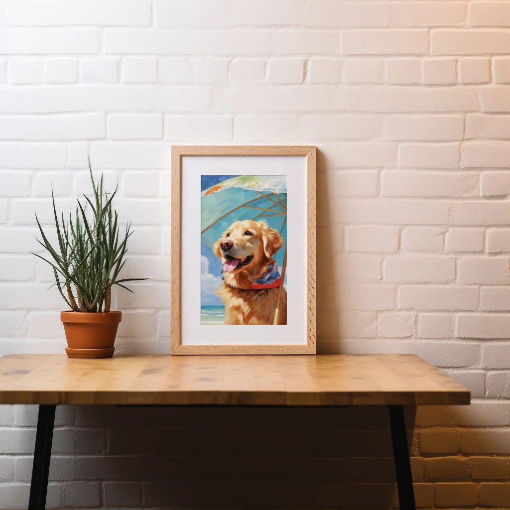 Relaxte golden retriever op vakantie op een tropisch eiland poster