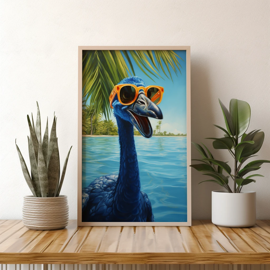 Lachende blauwe flamingo op vakantie poster