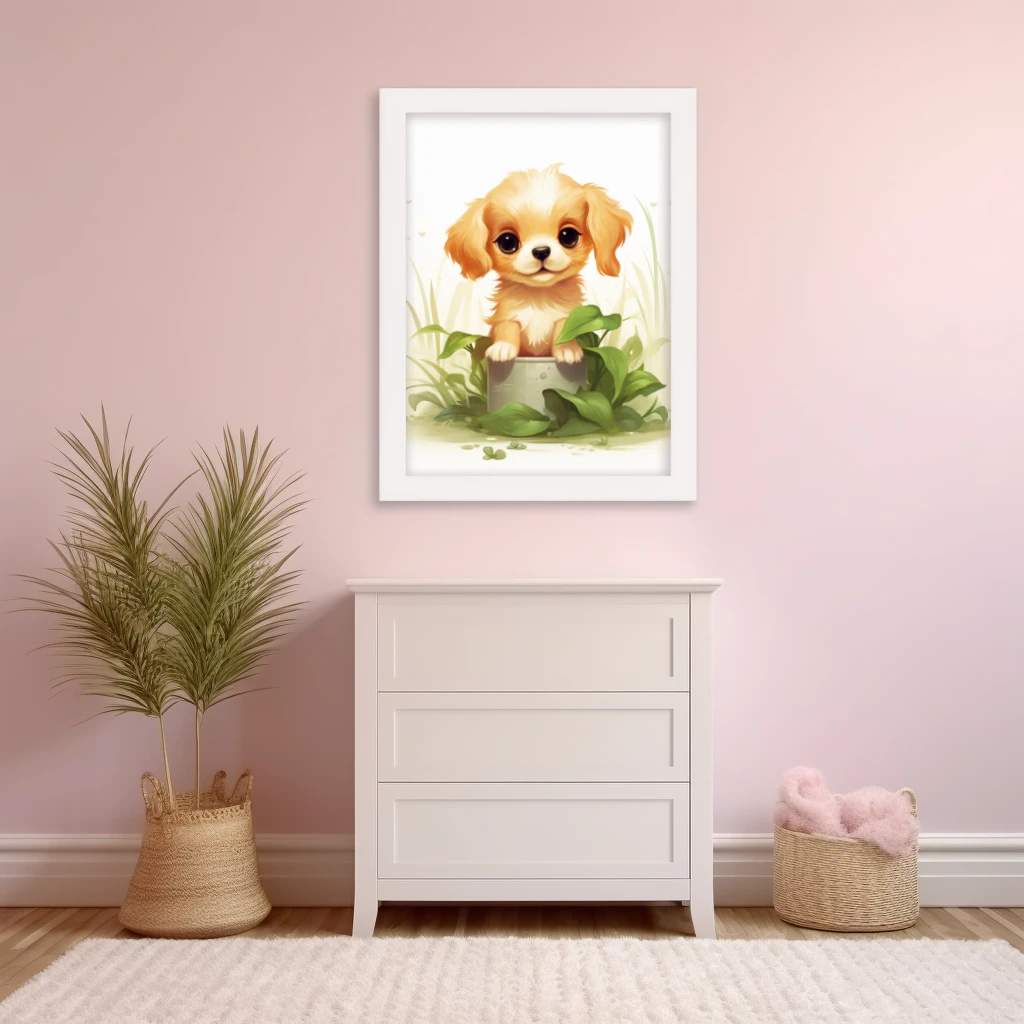 Schattige puppy in het gras poster