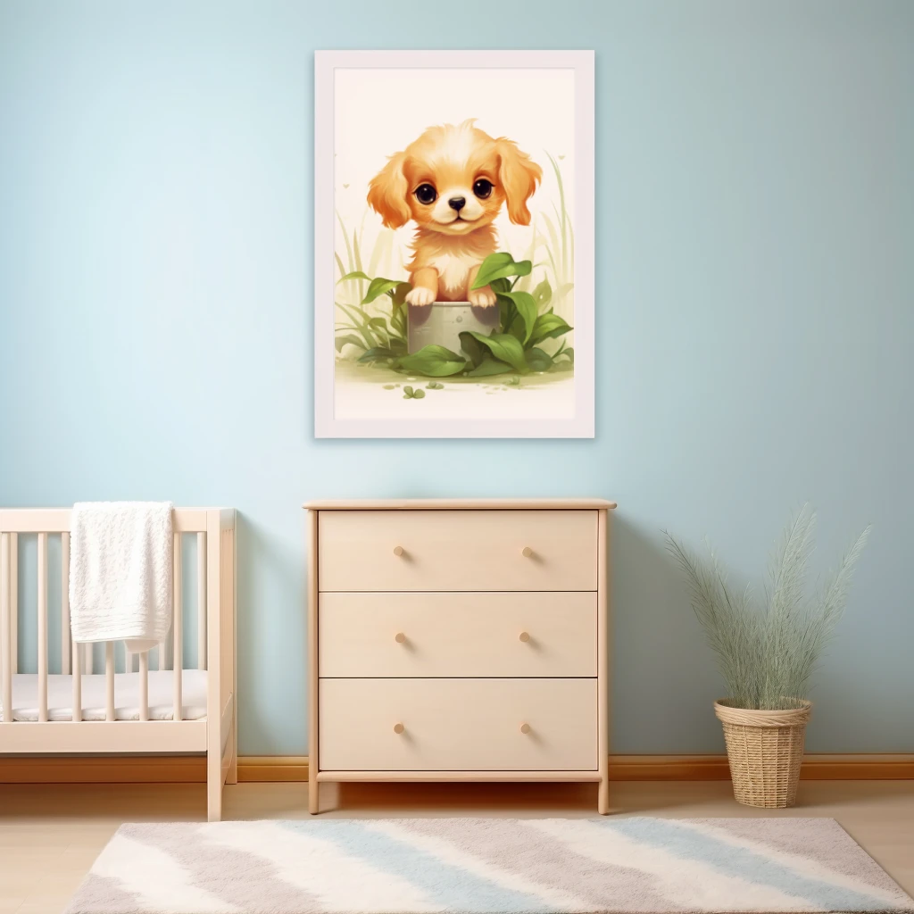 Schattige puppy in het gras poster