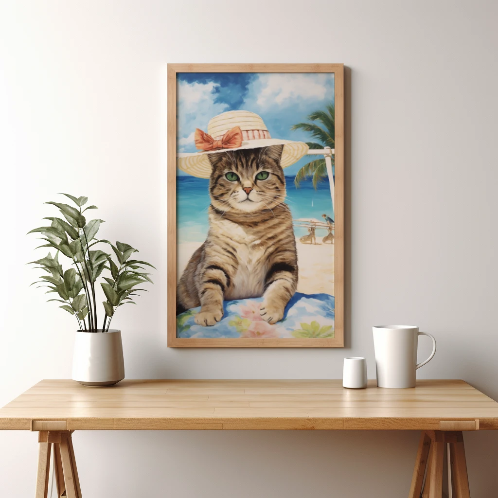 Relaxte kat op vakantie op een tropisch eiland poster