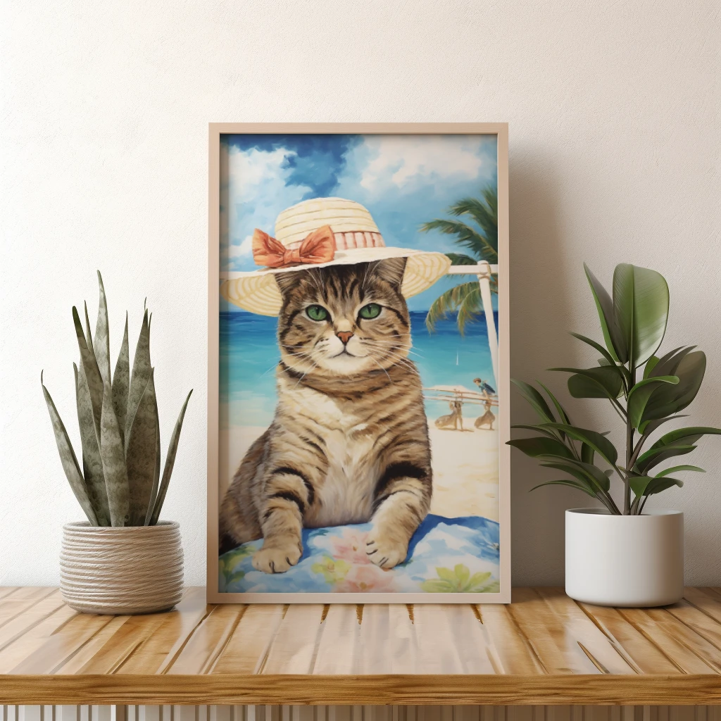 Relaxte kat op vakantie op een tropisch eiland poster