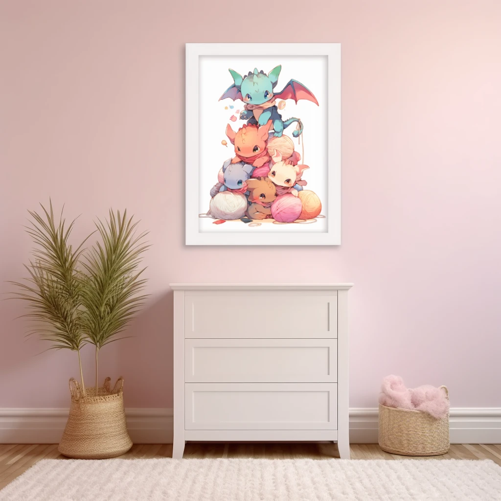 Meerdere baby draken spelend met bolletjes touw poster