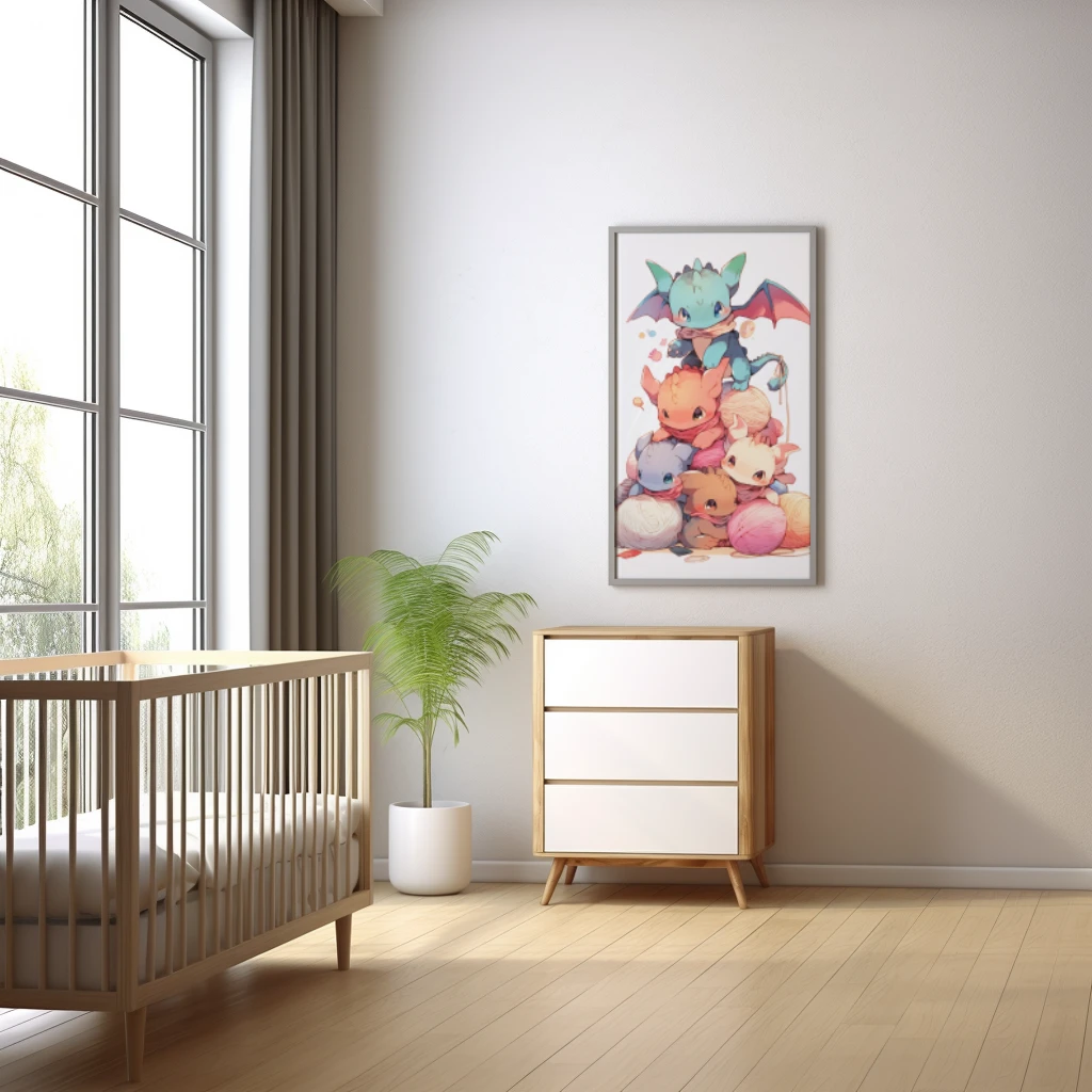 Meerdere baby draken spelend met bolletjes touw poster