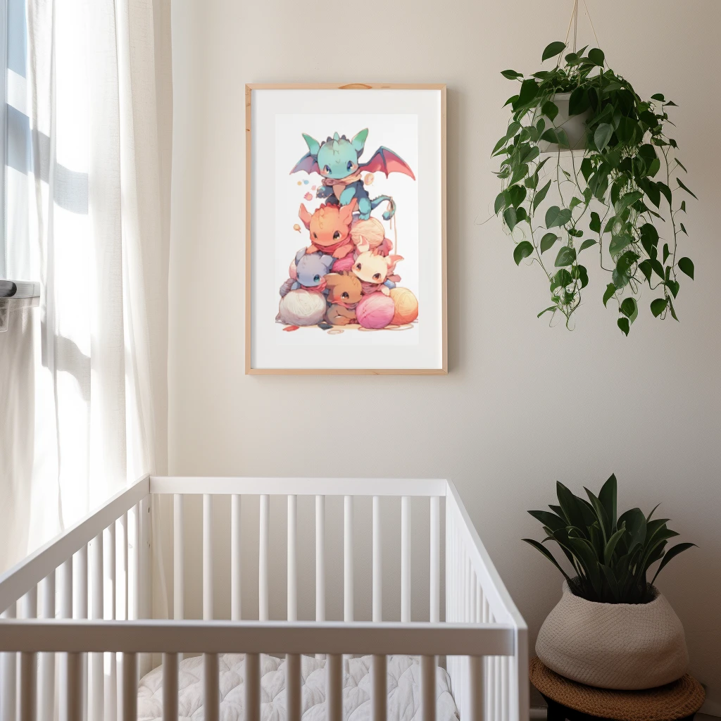 Meerdere baby draken spelend met bolletjes touw poster