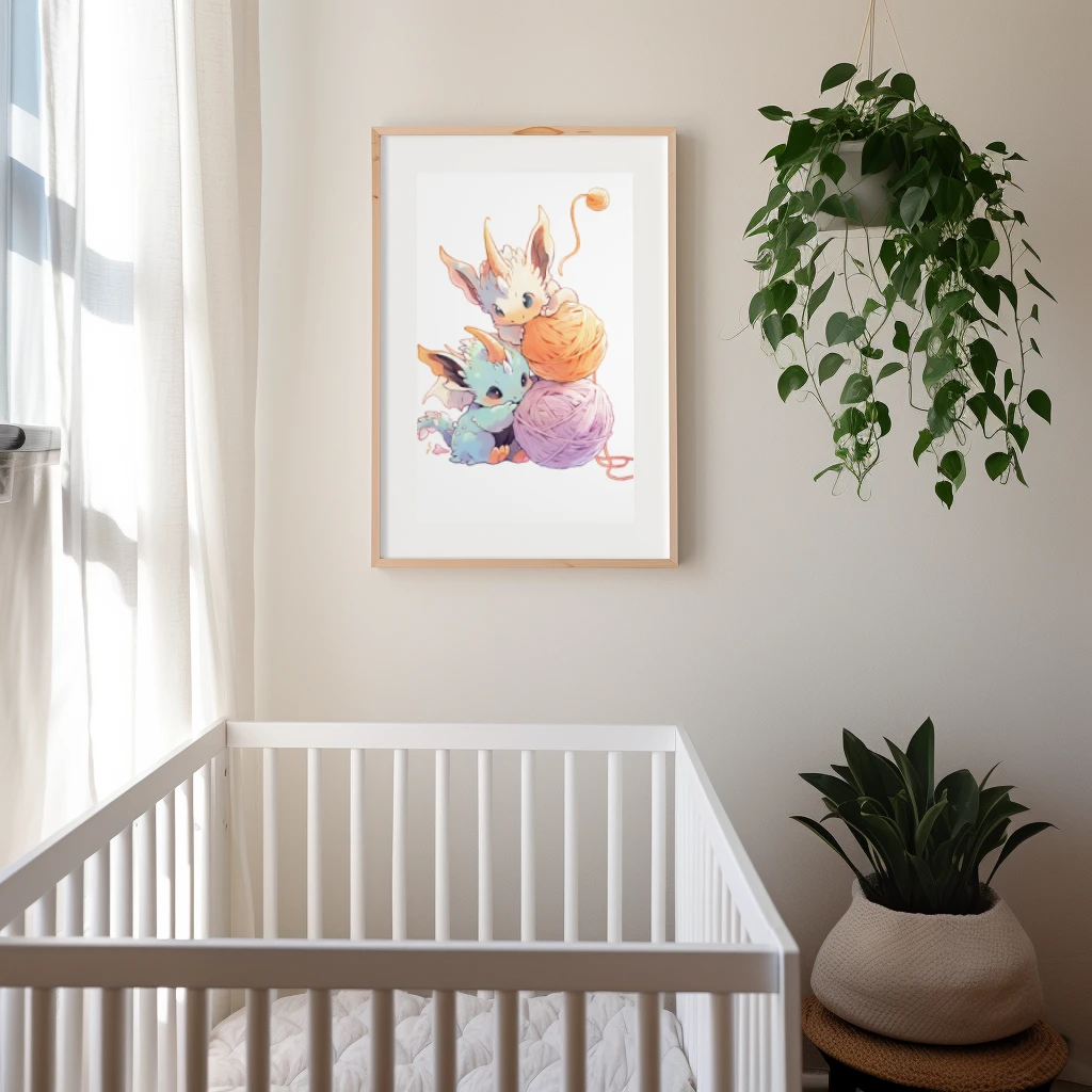 Twee stoere baby draken spelend met een bolletje touw poster