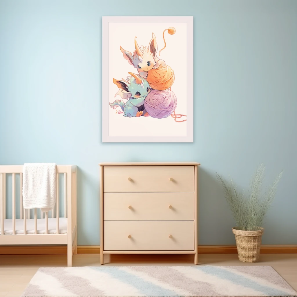 Twee stoere baby draken spelend met een bolletje touw poster