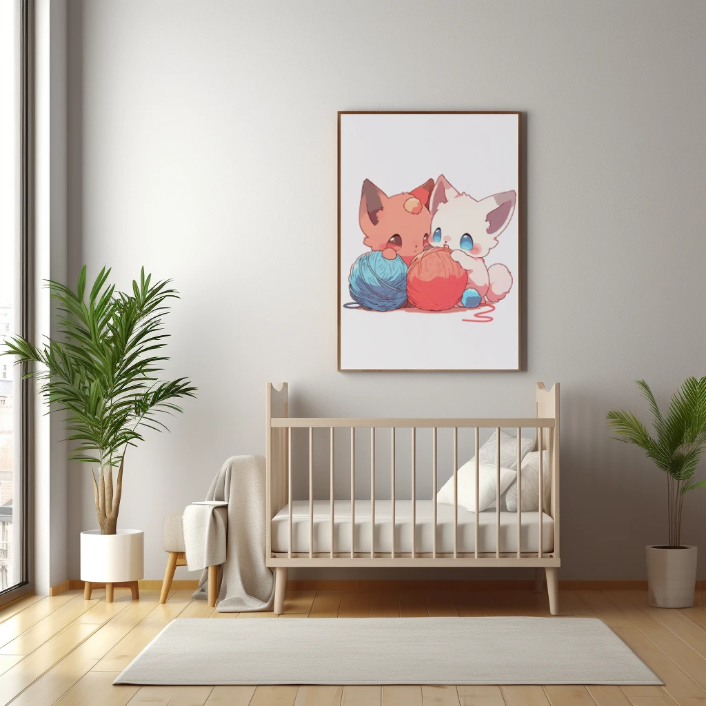 Twee snoezige kittens spelend met een bolltje touw poster