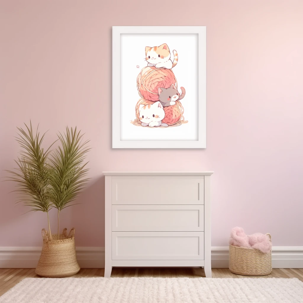 Drie kittens spelend met bolletjes touw poster