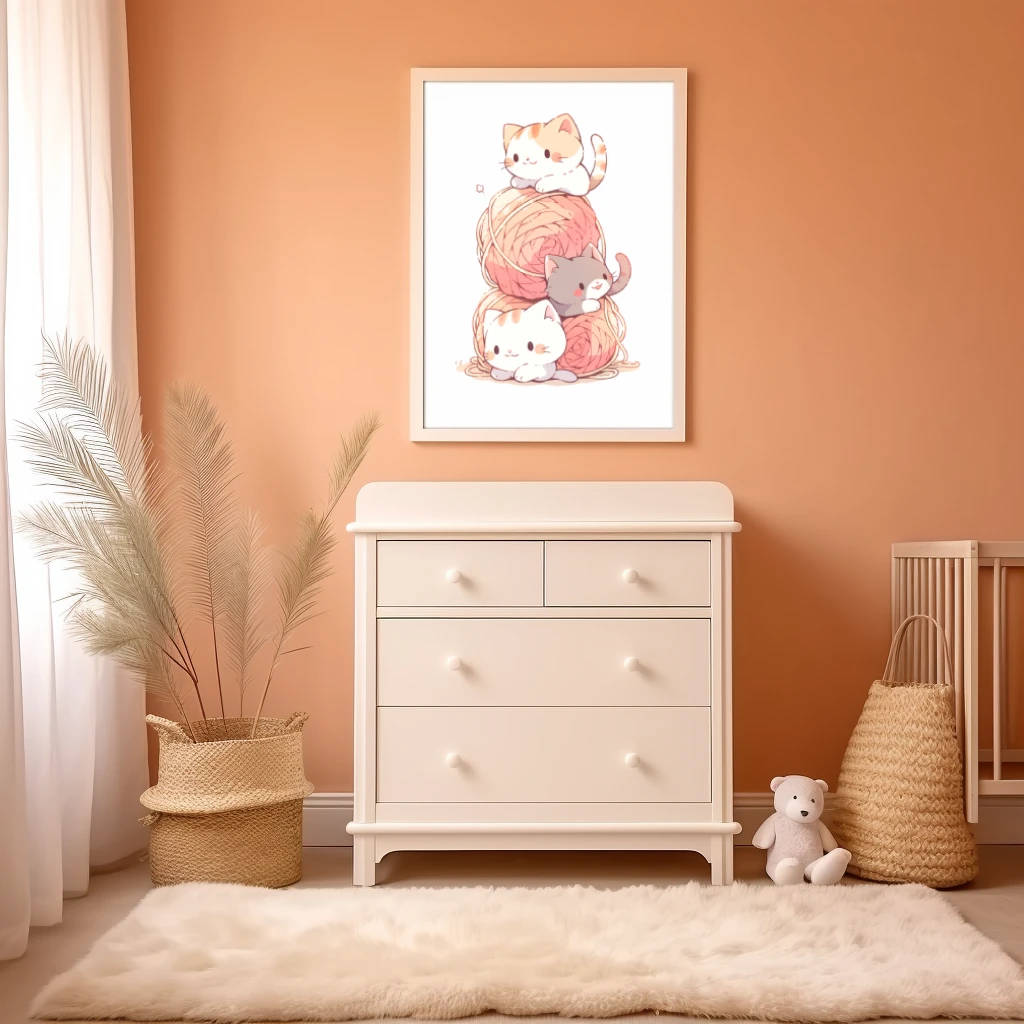 Drie kittens spelend met bolletjes touw poster