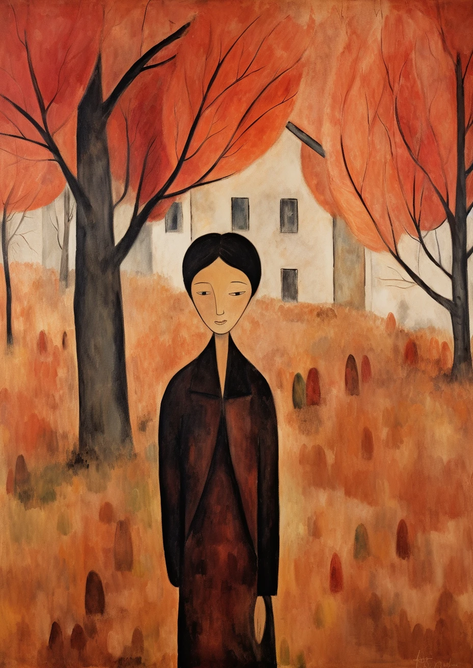 Een vrouw in een herfstveld in de stijl van Amedeo Modigliani poster