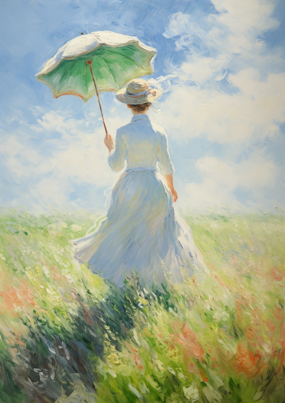 Een vrouw met een parasol op een zonnige dag in de stijl van Claude Monet