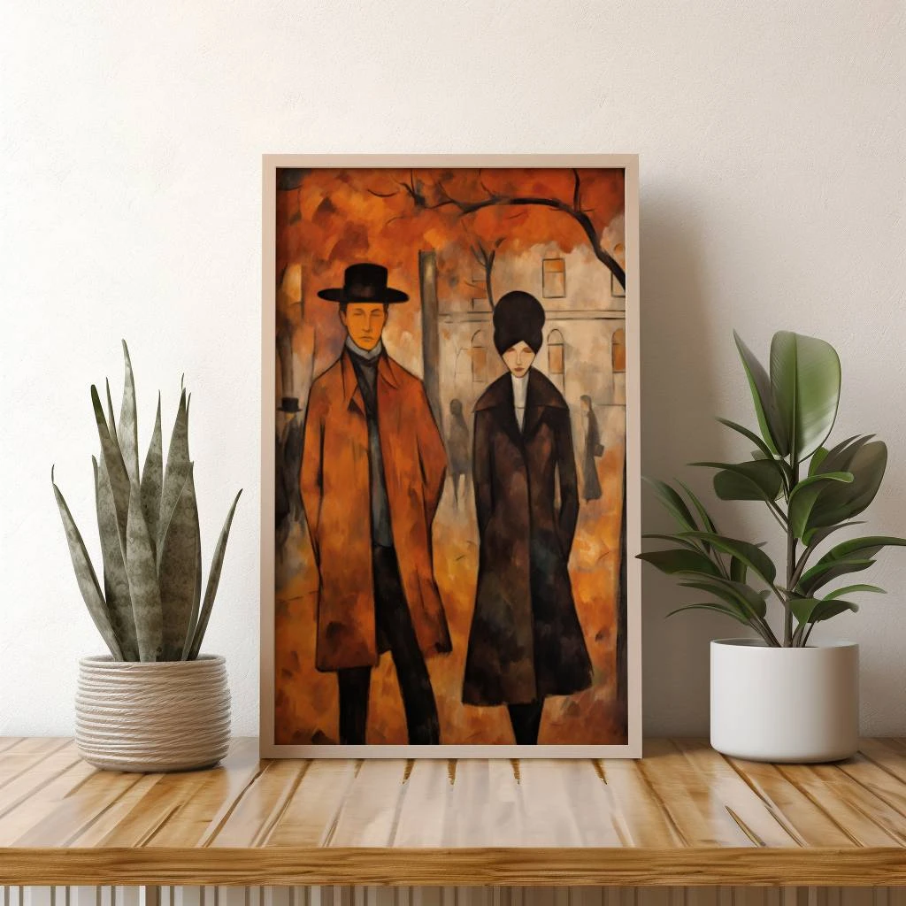 Een koppel in de stad tijdens herfst in de stijl van Amedeo Modigliani poster