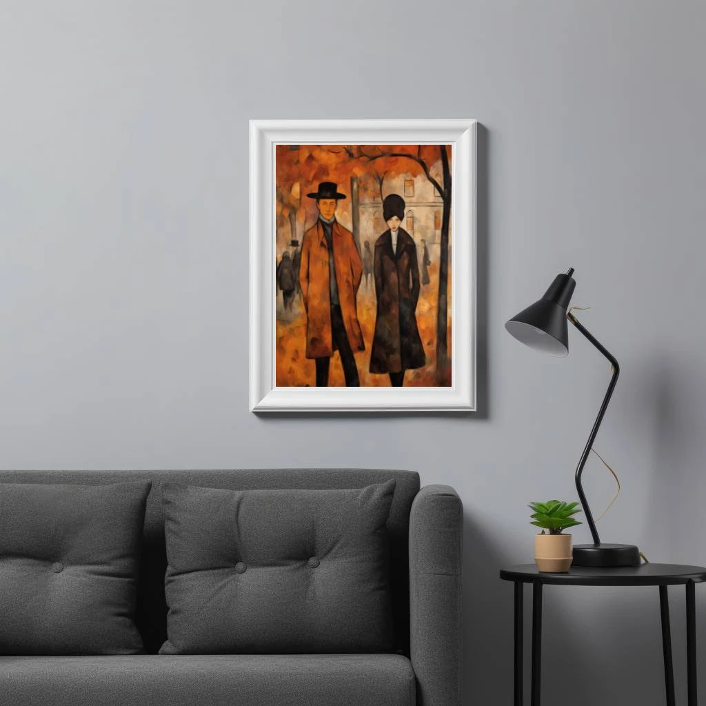 Een koppel in de stad tijdens herfst in de stijl van Amedeo Modigliani poster