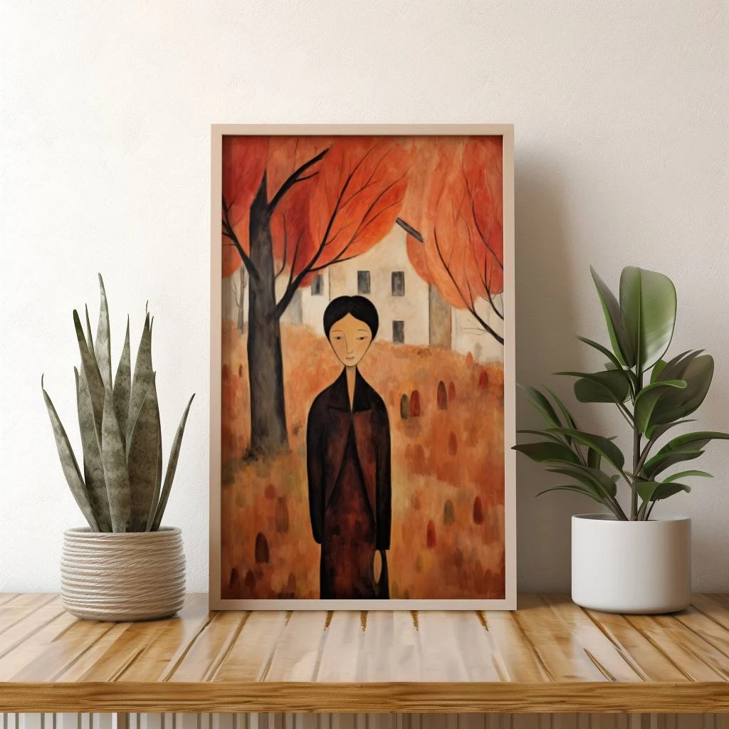 Een vrouw in een herfstveld in de stijl van Amedeo Modigliani poster