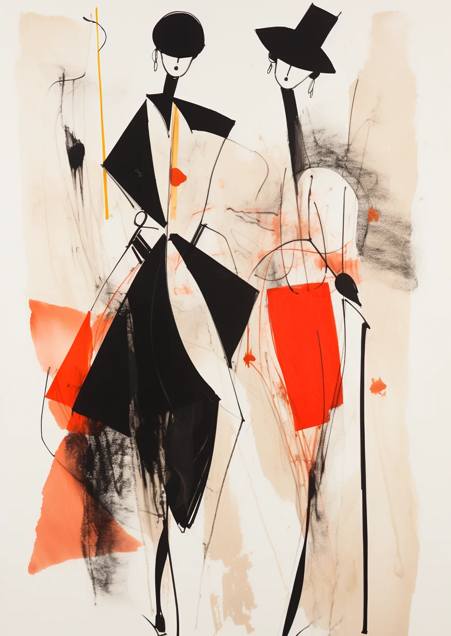 Zwart wit rood abstracte figuren met hoeden poster