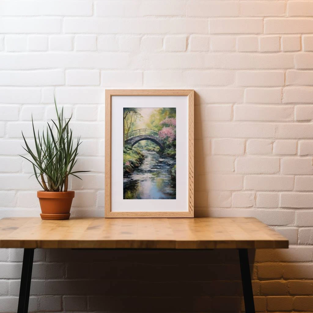 Een brug over een rivier in het bos in de stijl van Claude Monet