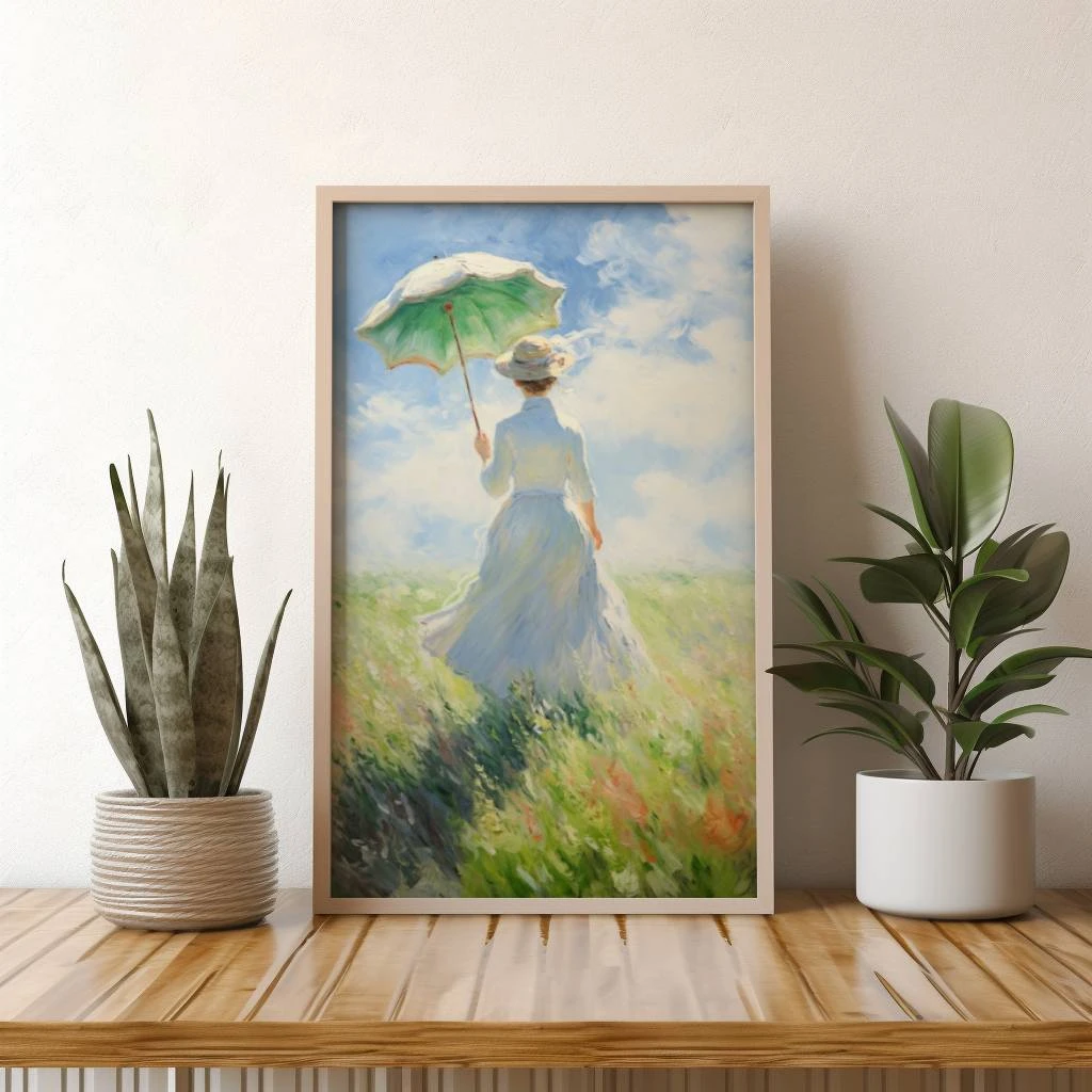 Een vrouw met een parasol op een zonnige dag in de stijl van Claude Monet