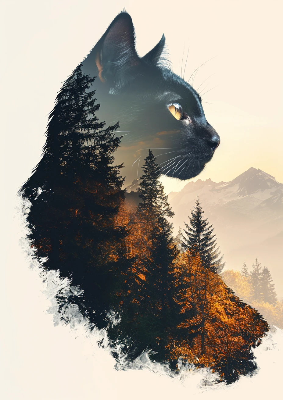 Zwarte kat double exposure van een prachtig bergen in de herfst poster