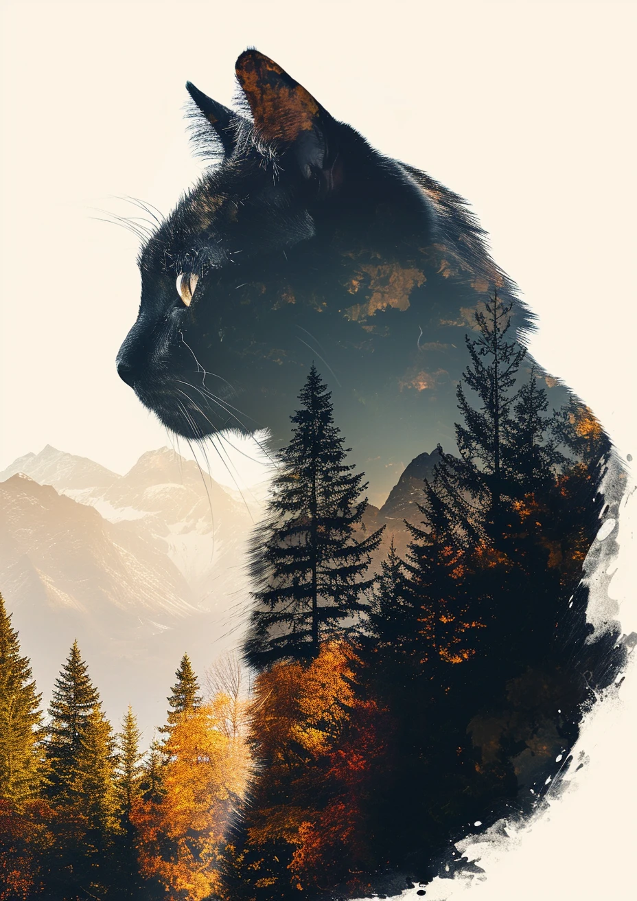 Zwarte kat double exposure van een prachtig bergen in de herfst poster